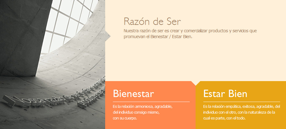 Nuestra razón de ser es crear y comercializar productos y servicios que promuevan el Bienestar / Estar Bien.
